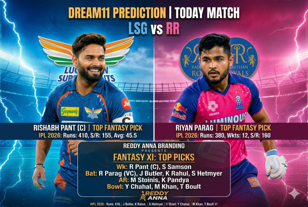 LSG vs RR Dream11 Prediction Today Match 32nd IPL 2026: Top Fantasy Team, Playing XI, Lucknow Pitch Report & Player Stats