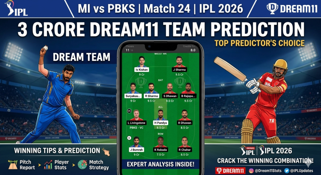 MI vs PBKS Match 24 Dream11 Team 3 Crore – Get Reddy Anna ID for IPL 2026 Betting