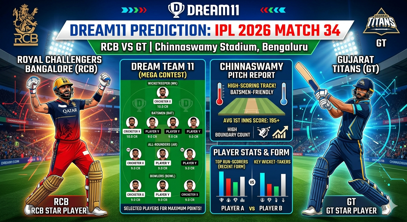 RCB vs GT Dream11 Prediction Today Match 34th IPL 2026: Top Fantasy Team, Playing XI, Chinnaswamy Pitch Report & Player Stats